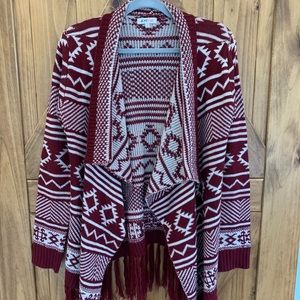 Maroon and white Aztec print cardigan.